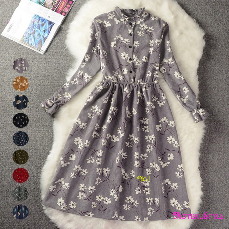 ★MoteruStyle!ロリータスタイルも!冬春の花柄プリントロングスリーブ痩腰効果Aラインワンピース・ドレス!キュート&スウィート! - 画像 (4)