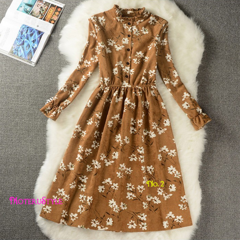 ★MoteruStyle!ロリータスタイルも!冬春の花柄プリントロングスリーブ痩腰効果Aラインワンピース・ドレス!キュート&スウィート! - 画像 (5)