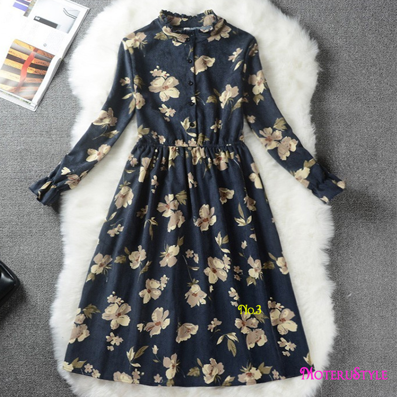 ★MoteruStyle!ロリータスタイルも!冬春の花柄プリントロングスリーブ痩腰効果Aラインワンピース・ドレス!キュート&スウィート! - 画像 (6)