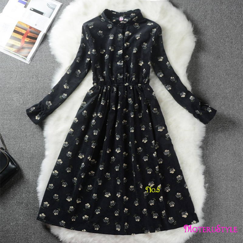 ★MoteruStyle!ロリータスタイルも!冬春の花柄プリントロングスリーブ痩腰効果Aラインワンピース・ドレス!キュート&スウィート! - 画像 (8)