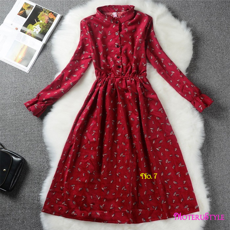 ★MoteruStyle!ロリータスタイルも!冬春の花柄プリントロングスリーブ痩腰効果Aラインワンピース・ドレス!キュート&スウィート! - 画像 (10)