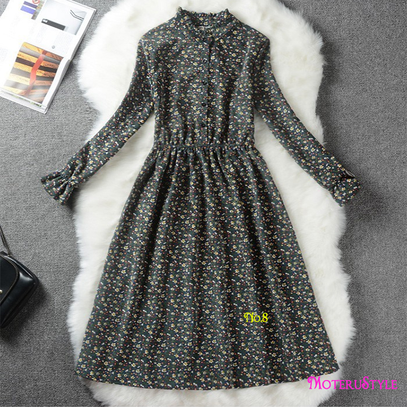 ★MoteruStyle!ロリータスタイルも!冬春の花柄プリントロングスリーブ痩腰効果Aラインワンピース・ドレス!キュート&スウィート! - 画像 (11)