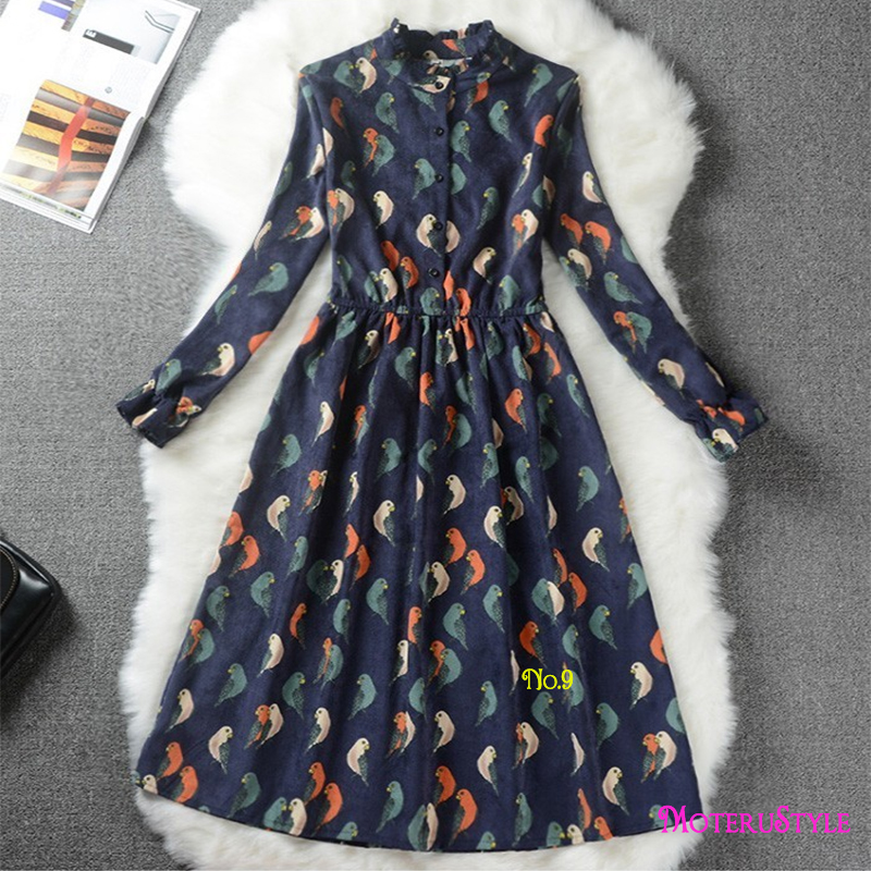 ★MoteruStyle!ロリータスタイルも!冬春の花柄プリントロングスリーブ痩腰効果Aラインワンピース・ドレス!キュート&スウィート!