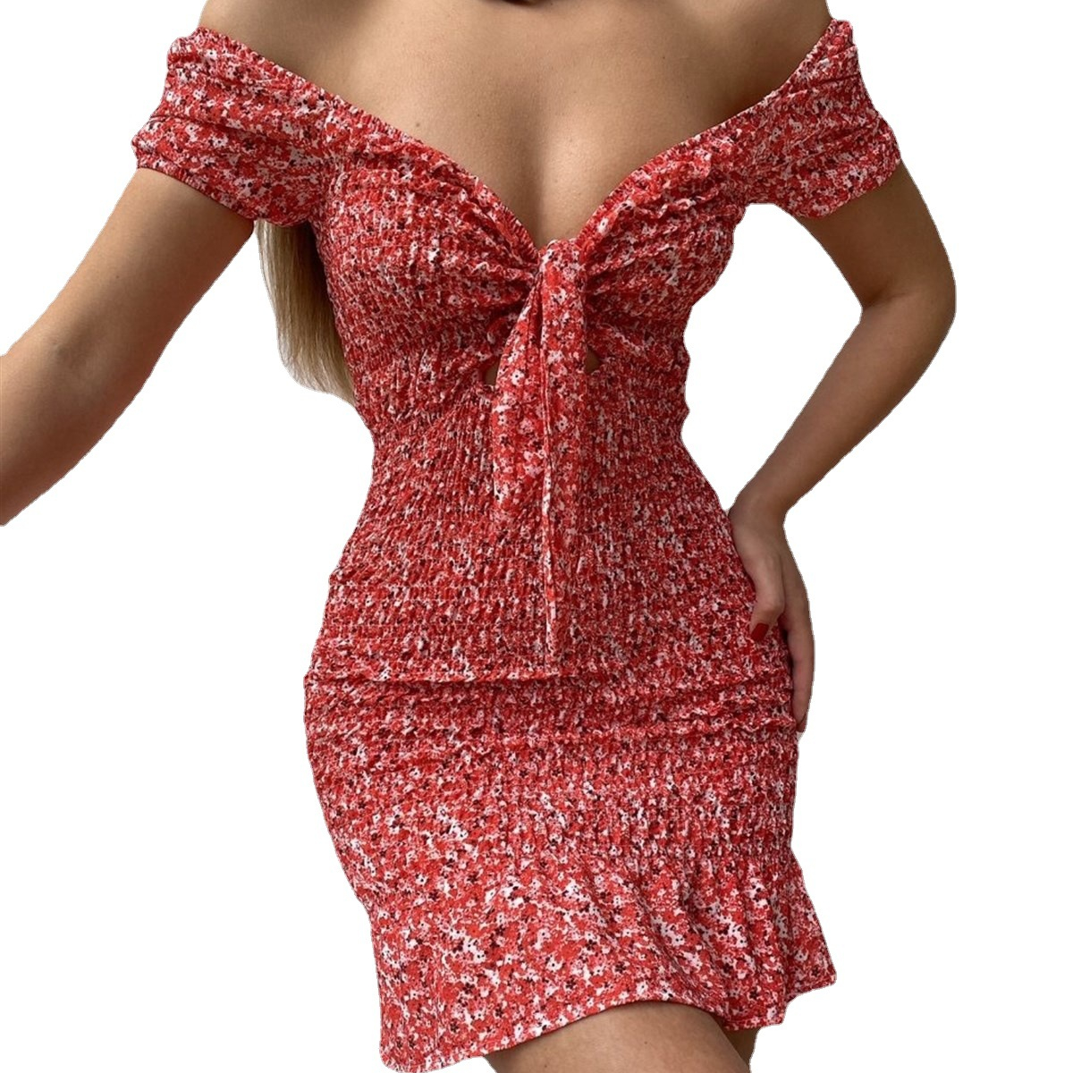 ★MoteruStyle! 中空でヘソ見え・胸元が大露出で高注目度!ノースリーブハイウエストでスリム腰!ショルダーOFFで深Vネックがセクシー!オールインワンカラーで清楚可憐なドレスワンピース!モテルスタイル! - 画像 (6)