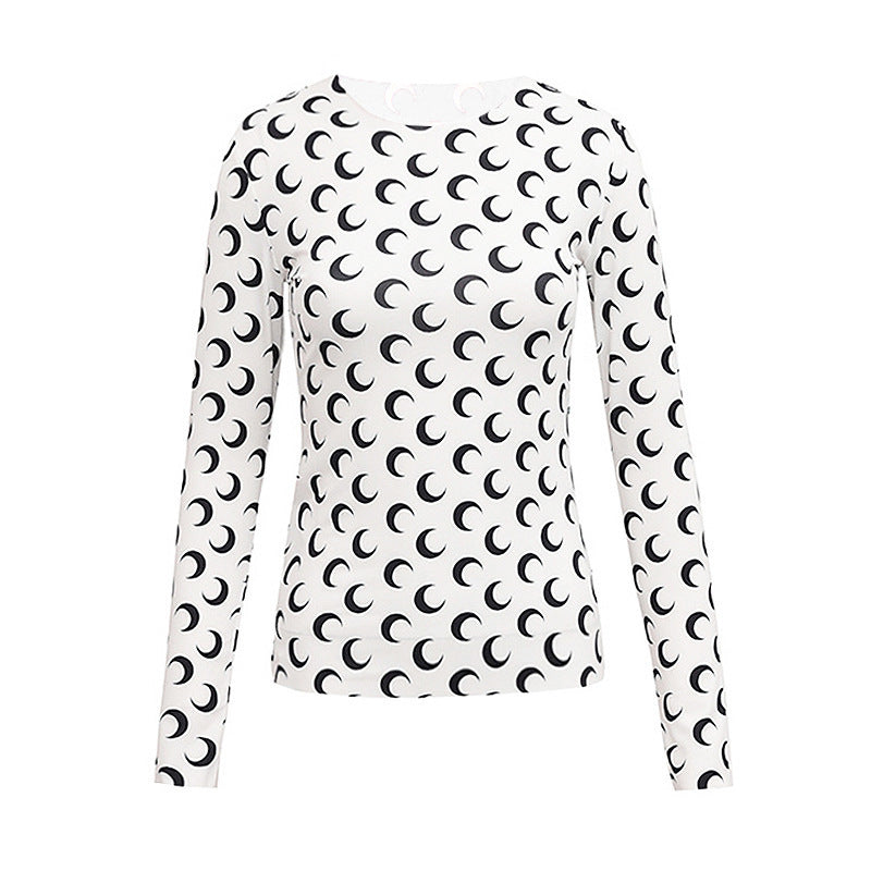 ★MoteruStyle !Marine Serreスタイル!月柄模様・ロゴプリント・ムーン・ストレッチ・ジャージー・長袖・Tシャツ・トップス!マリーン セル風レディーストップス!Marine Serre Style stretch jersey long sleeves t-shirt!
