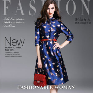 ★MoteruStyle!シャツワンピース・鳥柄プリント・ベルト付き・黄金比例・細身美人・スリム・痩腰・七分袖・ドレス!キュート&エレガント!モテルスタイル!