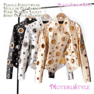 ★MoteruStyle!フェイクレザージャケット!芸能人愛用!舞台ステージ衣装・ストリートウェア・ホーローアウトリベット加工バイカーモータジャケット・レディースレザージャケット!