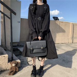 ★MoteruStyle! Lolita Style! Gothic Style Black Dress Women vintage lolita Dress Punk Cute Long Sleeve Black Midi Dress!