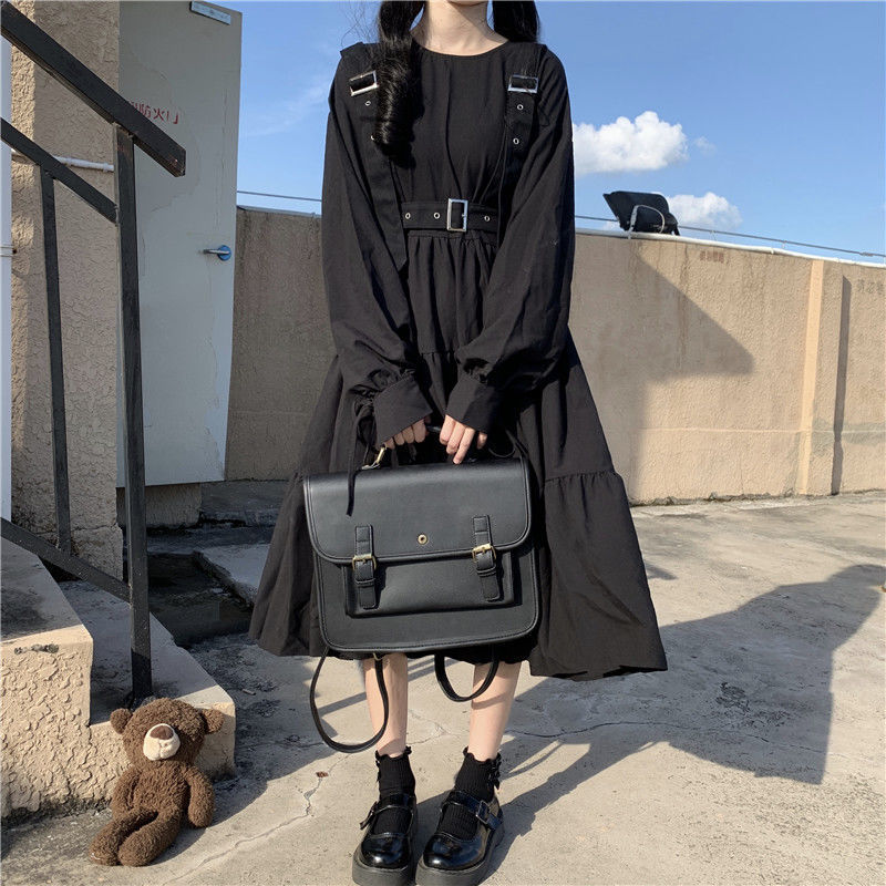 ★MoteruStyle! Lolita Style! Gothic Style Black Dress Women vintage lolita Dress Punk Cute Long Sleeve Black Midi Dress!