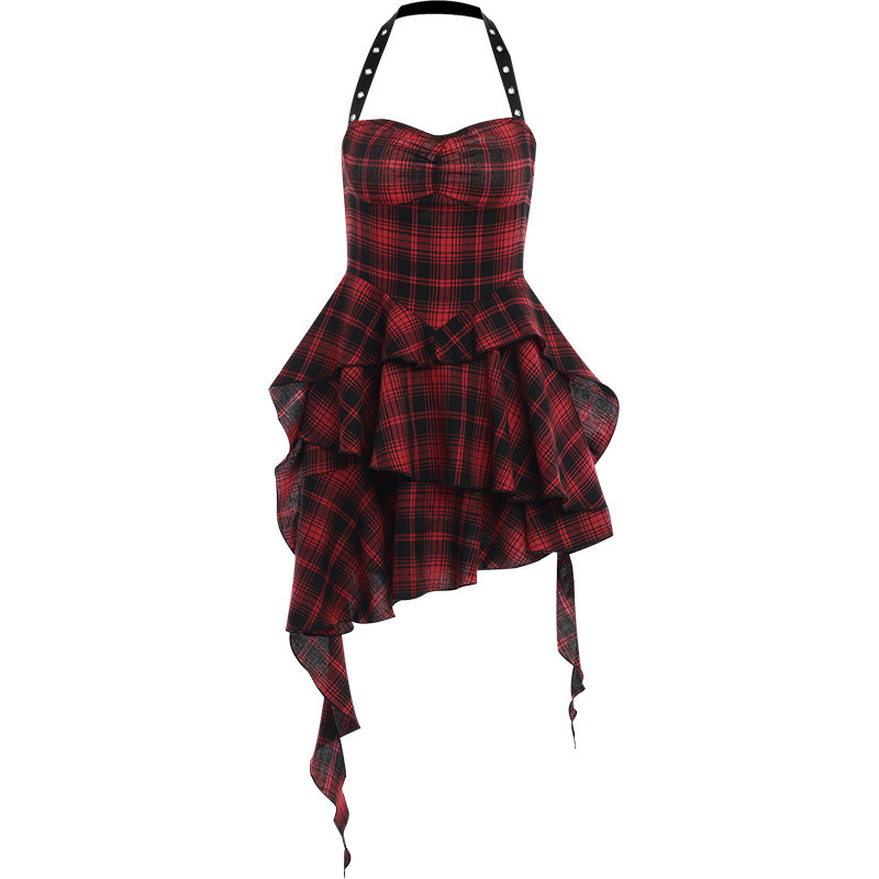 ★ MoteruStyle !Red Plaid Irregular Halter Dress Women - 画像 (3)