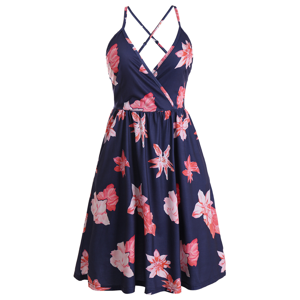 #MoteruStyle! Sling Print Backless V-Neck Dress Sexy Floral Dress Wrap V Neck Spaghetti Strap Casual A-line Dresses with Pockets High Waist One piece - 画像 (2)