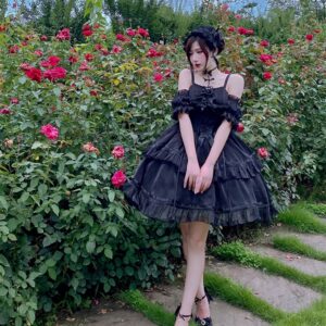 ★MoteruStyle!Originale Lolita Harajuku Bow Splicing Black Dress Hot Girl Fashion Kawaii Sweet Dress