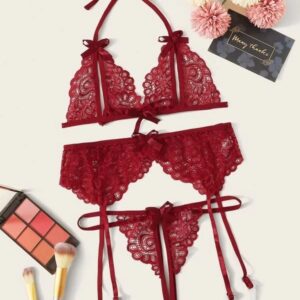 #MoteruStyle! Lace Butterfly Bra Panty Garter Belt Bikini Three-piece Set Sexy Lingerie Baby doll Hollow Out Brassiere+Garter+Thong Transparent Three-points suit