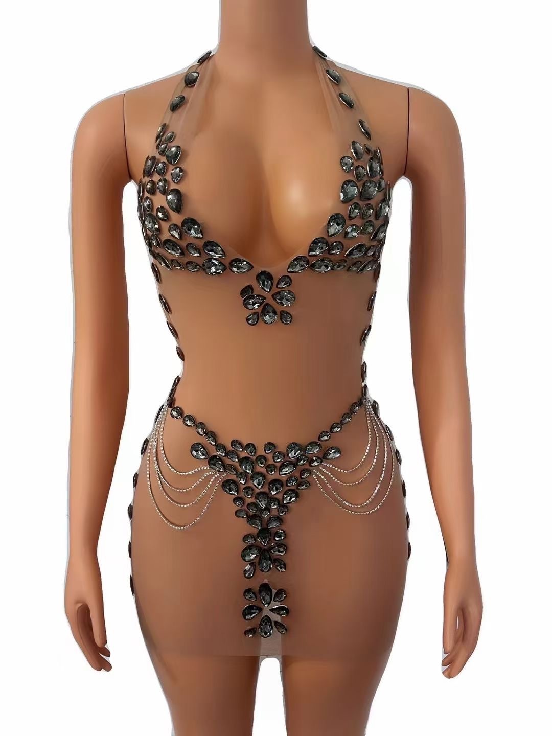 #MoteruStyle! Women's Fashionable See-through Rhinestone Dress Spandex Jumpsuit Sexy Evening Dress Cosplay party dress - 画像 (7)