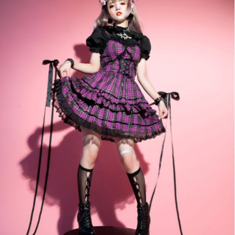 #MoteruStyle! Plaid Lolita Sweet Dark Rock Dress Cake Dress Gown Dress Checkered Lace Frills - 画像 (2)