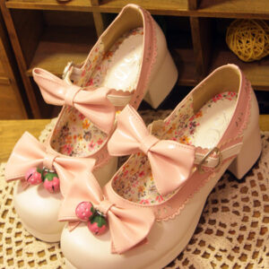 #MoteruStyle! Lolita Shoes Strawberry Bell Round Head Thick Heel High Heel Doll Pumps Lace Bow　Sweet Shoes Cosplay Professional Shoes