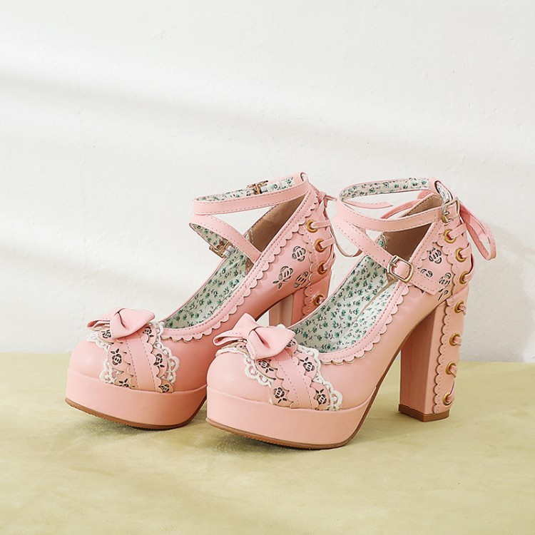 # MoteruStyle! Lolita Shoes Chunky High-Heeled Lace Bow Platform Bowknot Buckle Strap Mary Jane Pumps Shoes - 画像 (7)