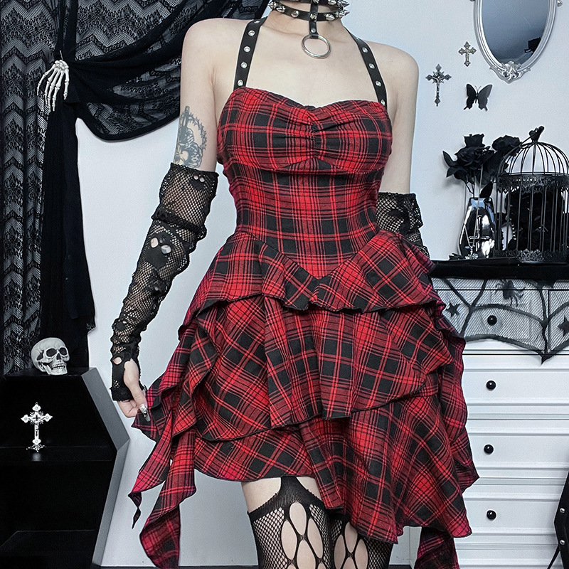 ★ MoteruStyle !Red Plaid Irregular Halter Dress Women - 画像 (6)
