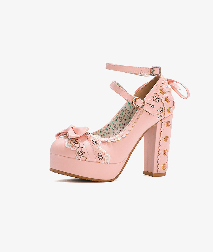 # MoteruStyle! Lolita Shoes Chunky High-Heeled Lace Bow Platform Bowknot Buckle Strap Mary Jane Pumps Shoes - 画像 (6)