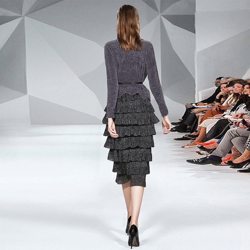 #MoteruStyle! Round neck long sleeve plush top blouse skirt suit two piece set Bright Silk High Waist Mesh Cake Skirt Mid-Length Pleated Skirt A- Line Skirt Slimming Versatile - 画像 (2)