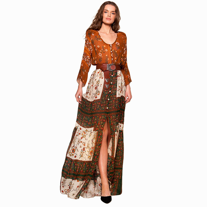 ★MoteruStyle!Bohemian Style Dress, Long-sleeved long split skirt, Mild Waist Resort Flower print Dress !