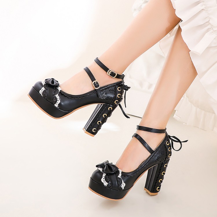 # MoteruStyle! Lolita Shoes Chunky High-Heeled Lace Bow Platform Bowknot Buckle Strap Mary Jane Pumps Shoes - 画像 (5)