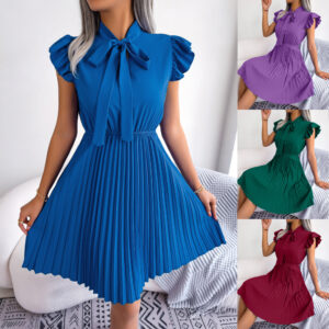 #MoteruStyle! Lady Temperament Lace-up Waist-controlled Large Hem Pleated Skirt High Waist Collared Dress Short Ruffle Sleeve Cocktail Solid Bow Tie Dress, Elegant Ruffle Trim