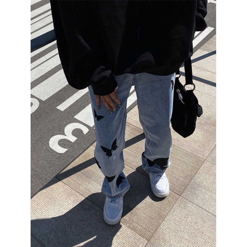 #MoteruStyle! Women's Butterfly Light Color Jeans Straight Wide Leg Pants Trousers - 画像 (3)