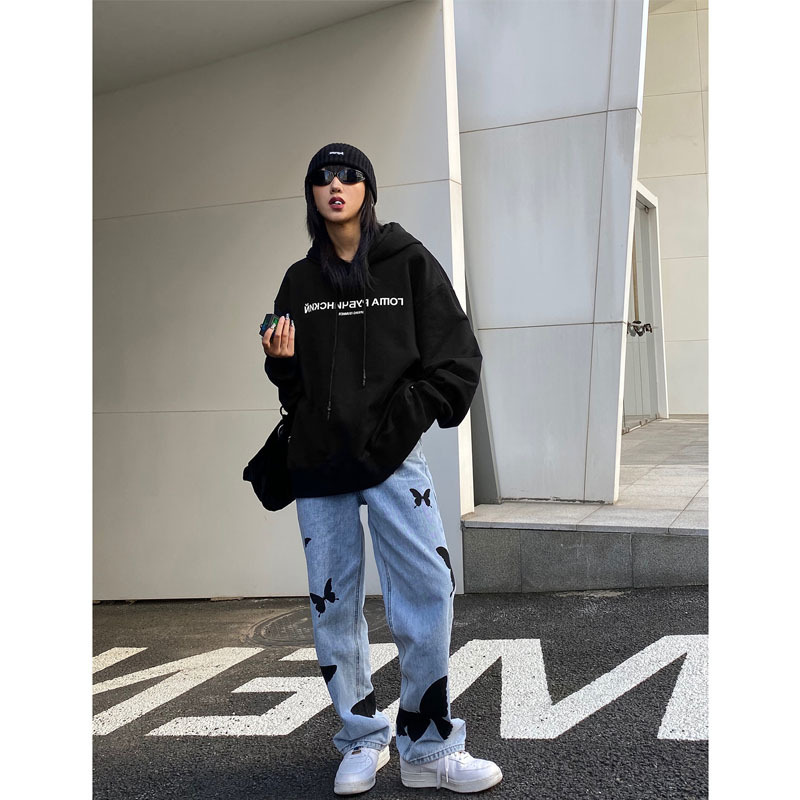 #MoteruStyle! Women's Butterfly Light Color Jeans Straight Wide Leg Pants Trousers - 画像 (4)