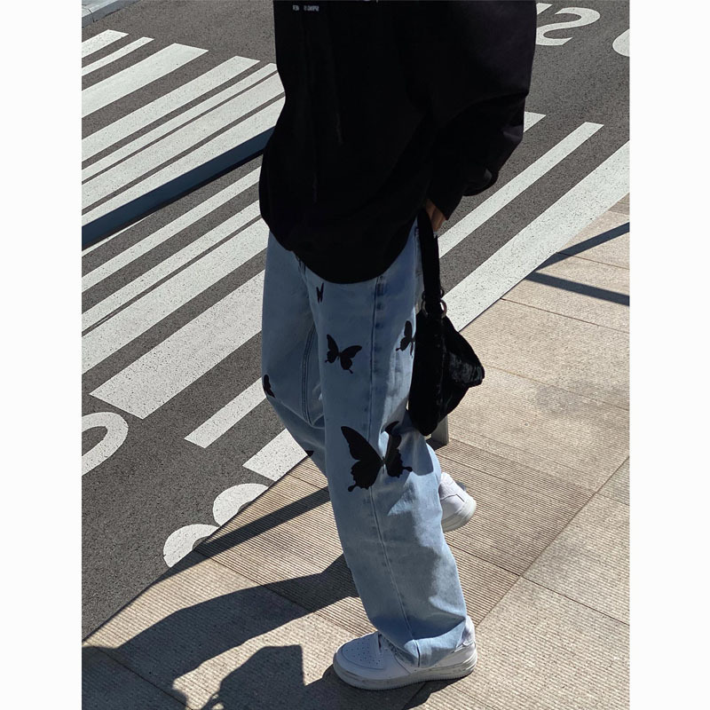 #MoteruStyle! Women's Butterfly Light Color Jeans Straight Wide Leg Pants Trousers - 画像 (5)