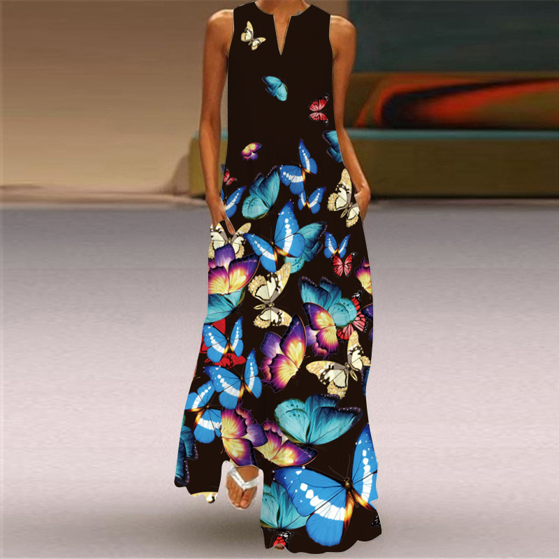 #MoteruStyle! Women's Sleeveless V-Neck Butterfly Print Long Dress Holiday Casual Fashion Elegant Dresses Party Dress Maxi Dresses Beach Dress Vintage Maxi Bohemian Style - 画像 (10)