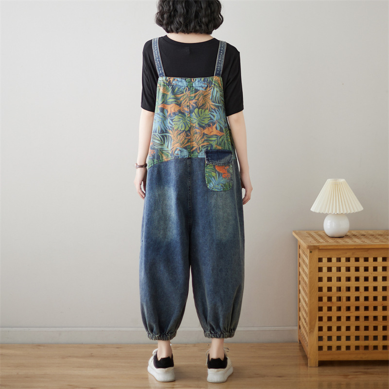 #MoteruStyle! Loose Plus Size Stitching Printing Jeans Suspender Pants Salopette Overalls - 画像 (8)