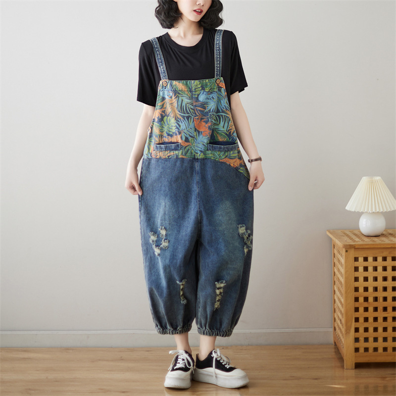 #MoteruStyle! Loose Plus Size Stitching Printing Jeans Suspender Pants Salopette Overalls - 画像 (9)