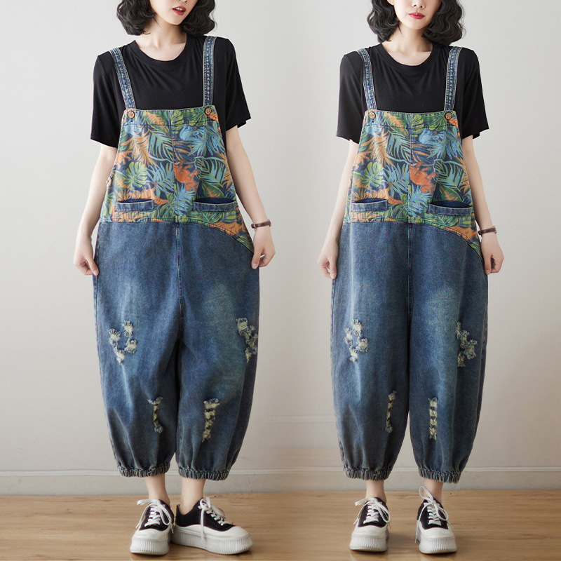#MoteruStyle! Loose Plus Size Stitching Printing Jeans Suspender Pants Salopette Overalls - 画像 (10)