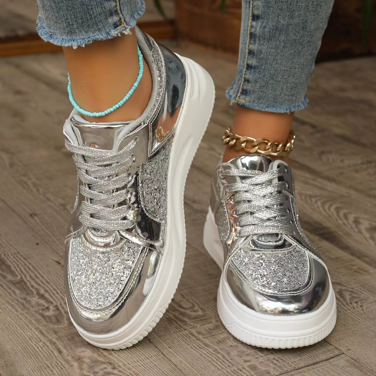 #MoteruStyle! Fashion Lace-up Flat Shoes With Sequin Design Casual Sports Thick Bottom Round Toe Shoes For Women Non-slip Walking Sneakers - 画像 (2)