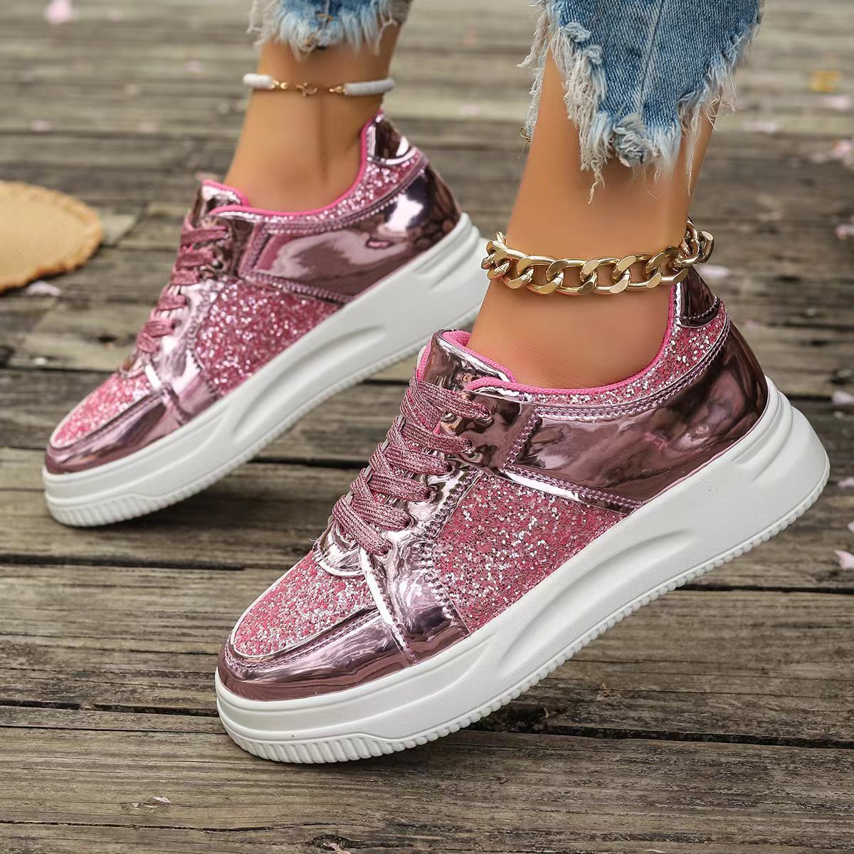 #MoteruStyle! Fashion Lace-up Flat Shoes With Sequin Design Casual Sports Thick Bottom Round Toe Shoes For Women Non-slip Walking Sneakers - 画像 (6)