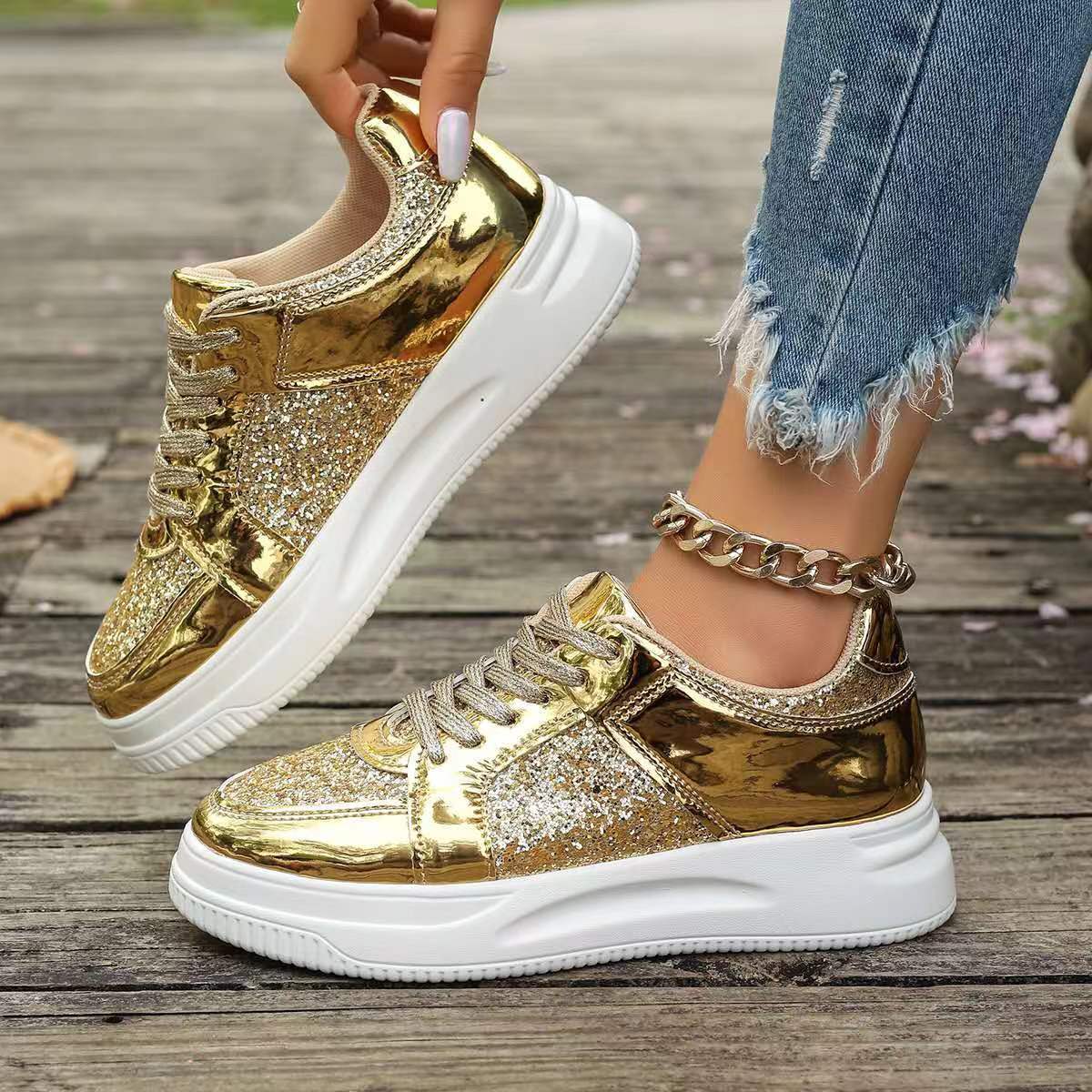 #MoteruStyle! Fashion Lace-up Flat Shoes With Sequin Design Casual Sports Thick Bottom Round Toe Shoes For Women Non-slip Walking Sneakers - 画像 (5)