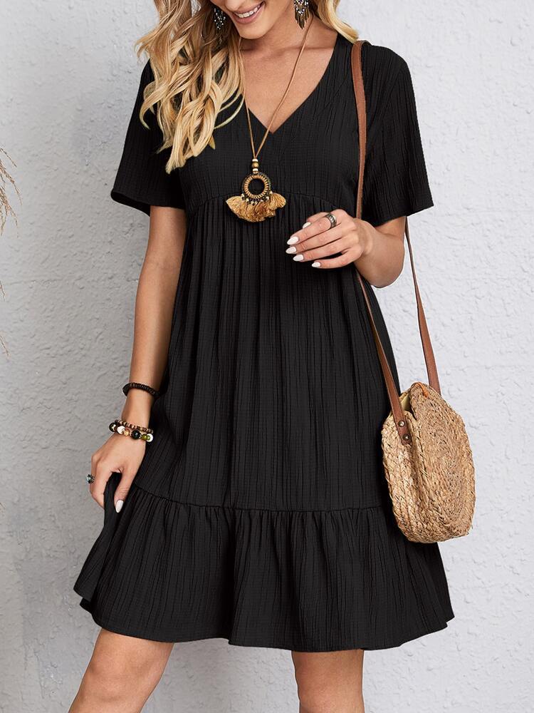 #MoteruStyle! V-neck Short Sleeve Dress Summer Fashion Casual Loose Ruffled Dresses Beach Clothing Women - 画像 (6)