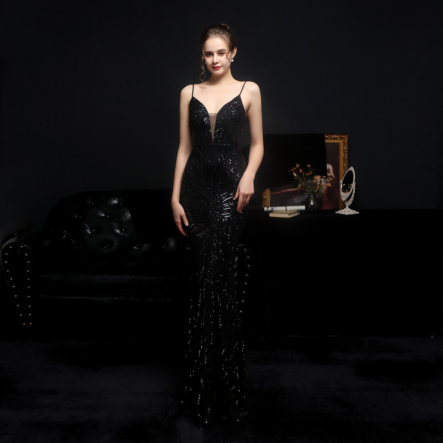 #MoteruStyle! New Sequined Mermaid Evening Dress Black Sexy Deep V Neck Strap Women Party Dress Sexy Long Sequin Evening Dress - 画像 (2)