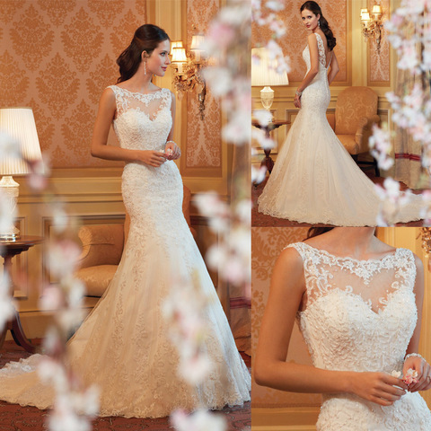 #MoteruStyle! Fishtail Wedding Dress Sleeveless Backless Lace Evening Dress - 画像 (4)
