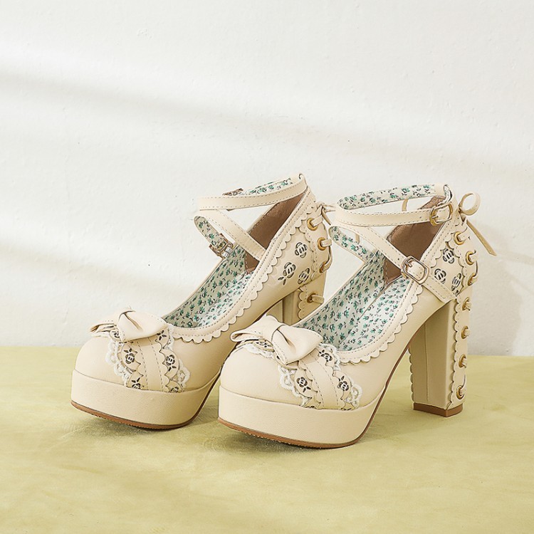 # MoteruStyle! Lolita Shoes Chunky High-Heeled Lace Bow Platform Bowknot Buckle Strap Mary Jane Pumps Shoes - 画像 (9)