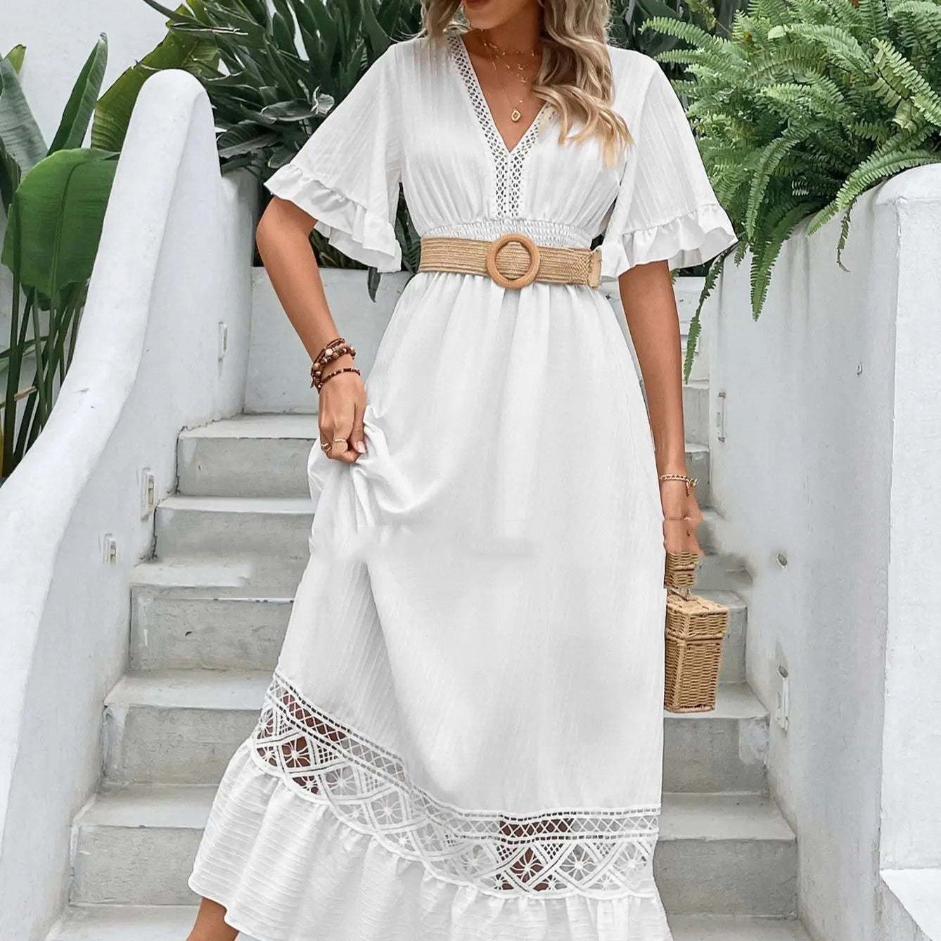 #MoteruStyle! European And American Stitching Lace Fashion V-neck Solid Color Dress - 画像 (7)