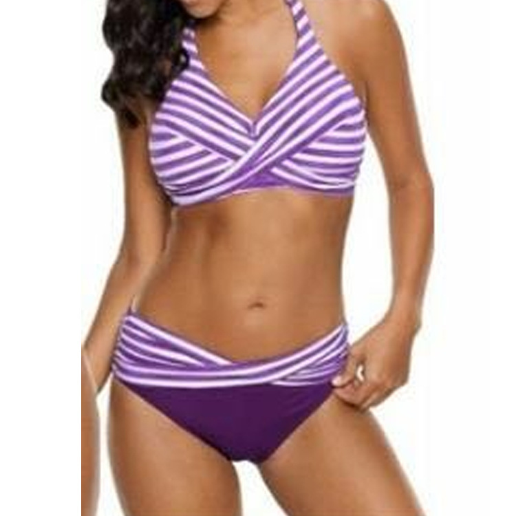 #MoteruStyle! Women's Gather Bikini Navy Striped Split Swimsuit - 画像 (6)