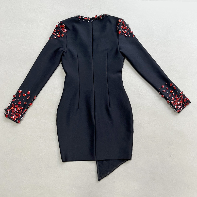 #MoteruStyle! Ruby Beaded Low-cut See-through V Neck Beaded Pearl Jumpsuit Sexy Long Sleeve Diamond Beading Rhinestone Black Bandage Mini Dress - 画像 (9)