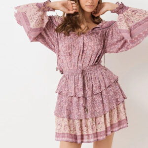 #MoteruStyle! Independent Station Retro Bohemian Print Tassel Lace-up Long Sleeve Top Dahlia in Mulberry Blouse cake skirt loose vintage style