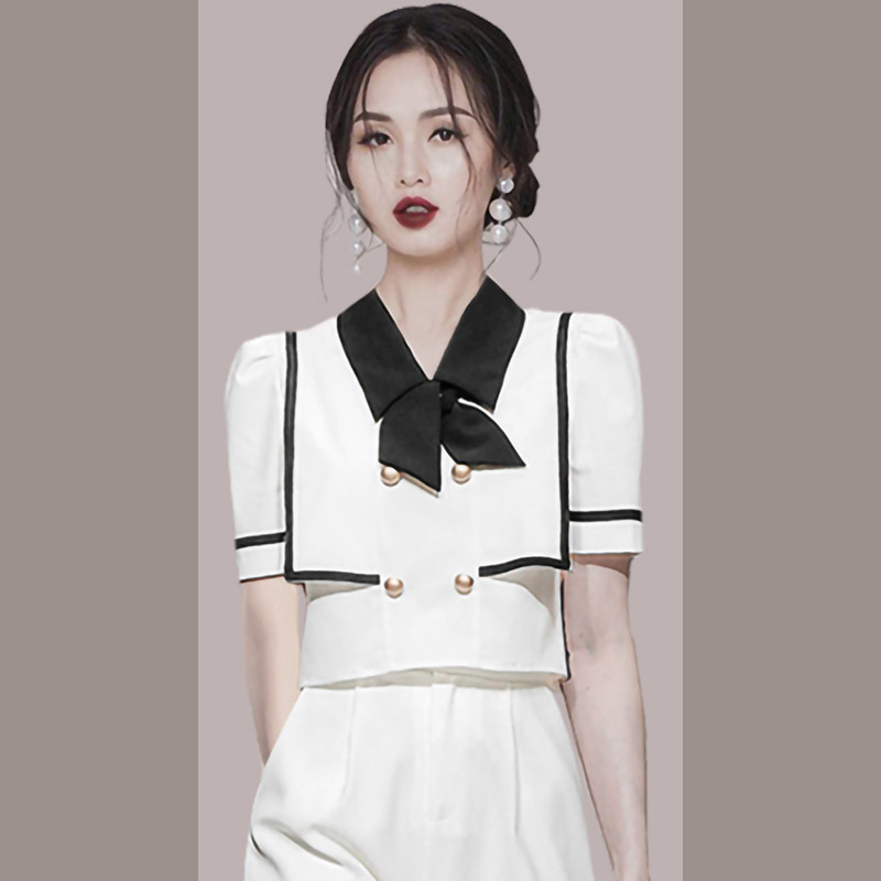 #MoteruStyle! Summer Navy Collar Double-breasted Contrasting Top High Waist Straight Shorts Set - 画像 (3)