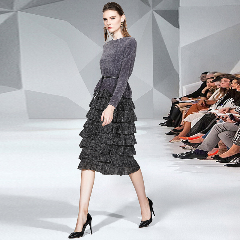 #MoteruStyle! Round neck long sleeve plush top blouse skirt suit two piece set Bright Silk High Waist Mesh Cake Skirt Mid-Length Pleated Skirt A- Line Skirt Slimming Versatile