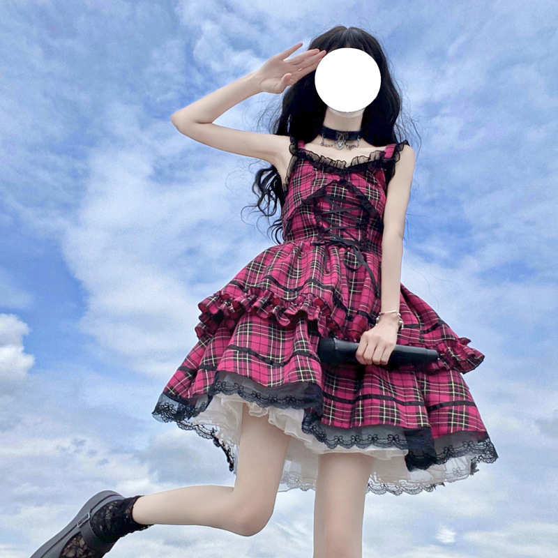 #MoteruStyle! Plaid Lolita Sweet Dark Rock Dress Cake Dress Gown Dress Checkered Lace Frills - 画像 (4)