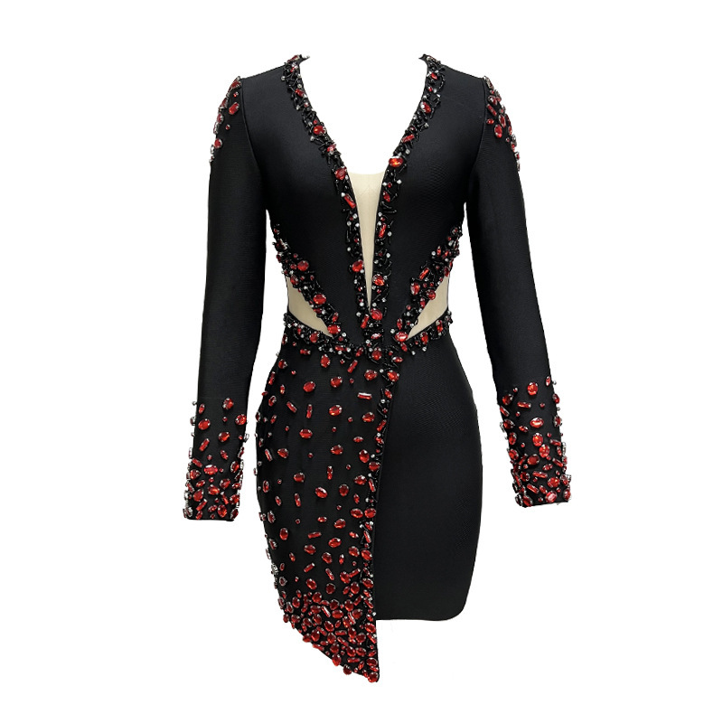 #MoteruStyle! Ruby Beaded Low-cut See-through V Neck Beaded Pearl Jumpsuit Sexy Long Sleeve Diamond Beading Rhinestone Black Bandage Mini Dress - 画像 (10)