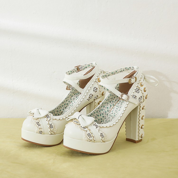 # MoteruStyle! Lolita Shoes Chunky High-Heeled Lace Bow Platform Bowknot Buckle Strap Mary Jane Pumps Shoes - 画像 (3)
